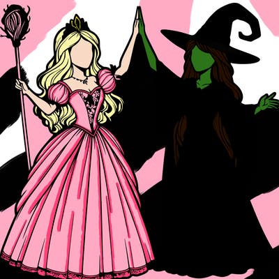 detailed realistic split of a princess and a witch