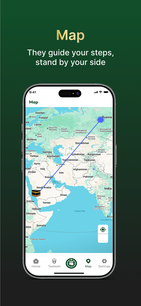 Muslim Prayer - Qibla Compass - Muslim Prayer app map screen showing the Qibla direction from Russia toward the Kaaba in Saudi Arabia