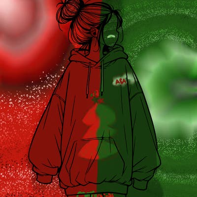 realistic girl with a oversized sweatshirt on and a bun