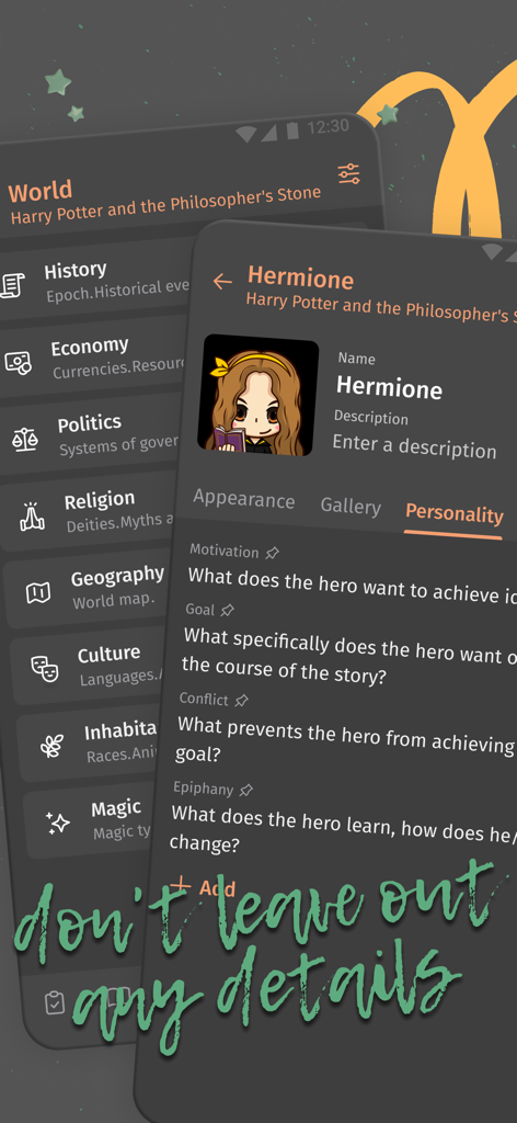 Fabula. Story Planner - Interface of Fabula app showing story world building categories and a character personality profile for Hermione.
