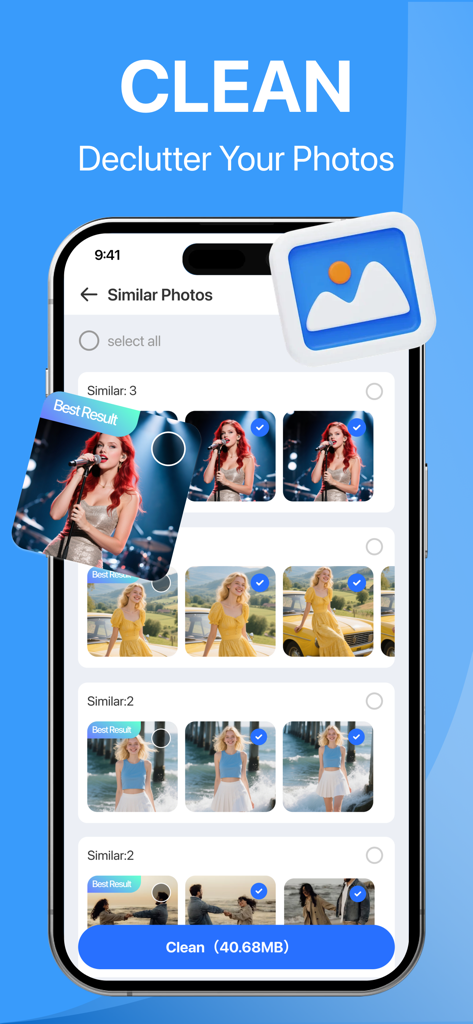 Puro Clean-AI Storage Cleaner - Interfaz de la aplicación Puro Clean mostrando la detección de fotos similares impulsada por IA y funciones de optimización de almacenamiento en un iPhone