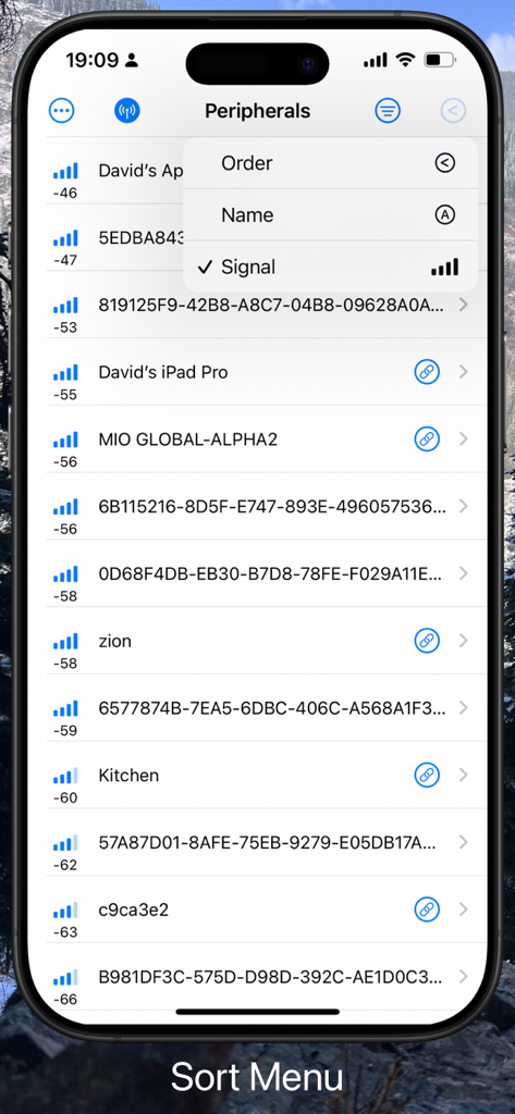 BluKit Workbench - A screenshot of the BluKit Workbench app on an iPhone showing the sort menu for Bluetooth peripherals with options for order, name, and signal.