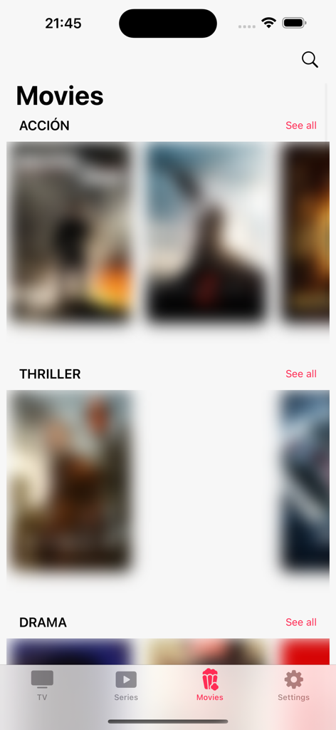 DC Player - DC Player app interface displaying a categorized movie library with sections for action thriller and drama