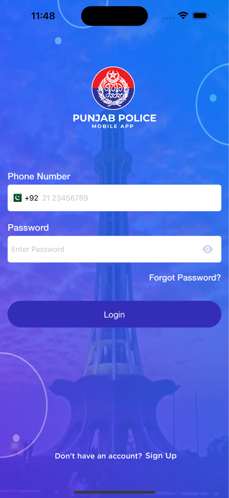 Punjab Police Pakistan - Punjab Police Pakistan mobile app login screen featuring phone number and password input fields.