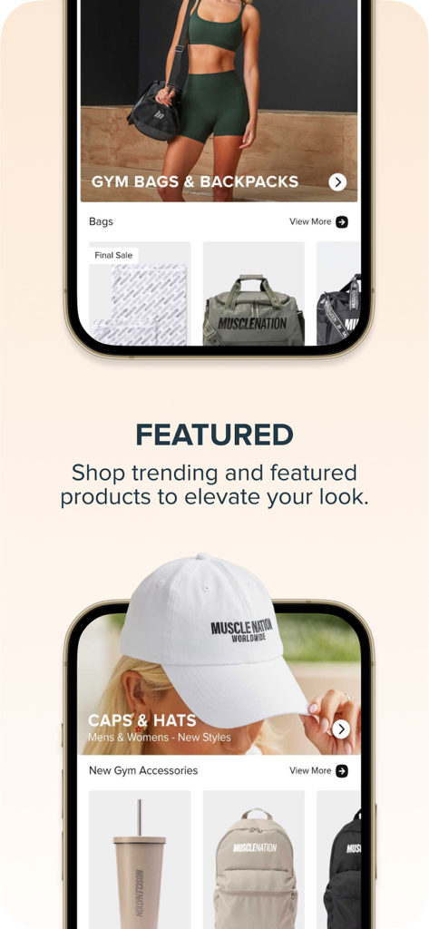 Muscle Nation app showing featured gym bags, caps, and hats