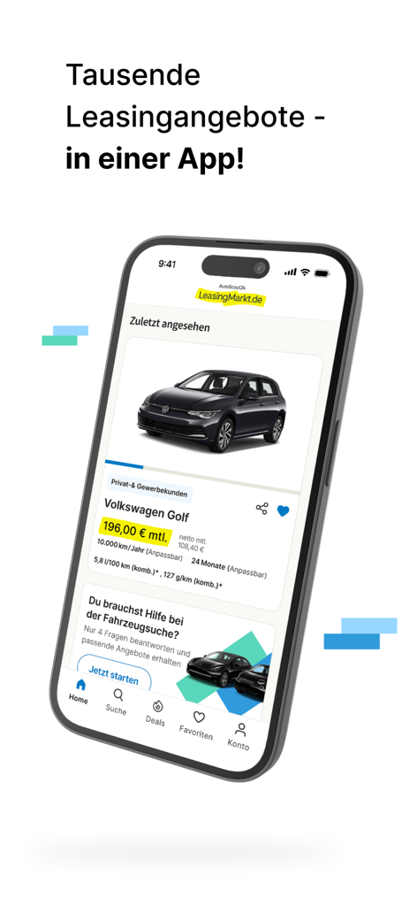LeasingMarkt.de App-Oberfläche, die ein Leasingangebot für einen Volkswagen Golf zeigt