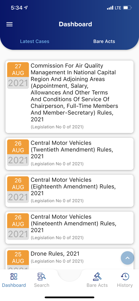 Lawsuit The Unique Case Finder - Dashboard of the Lawsuit app showing a list of recent Indian legal acts and rules