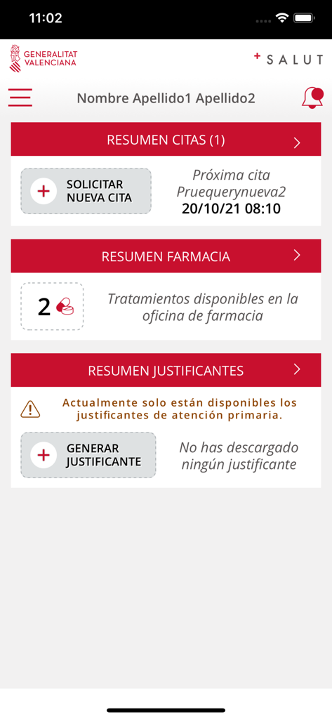 GVA Salut app interface showing summaries for medical appointments pharmacy treatments and attendance certificates