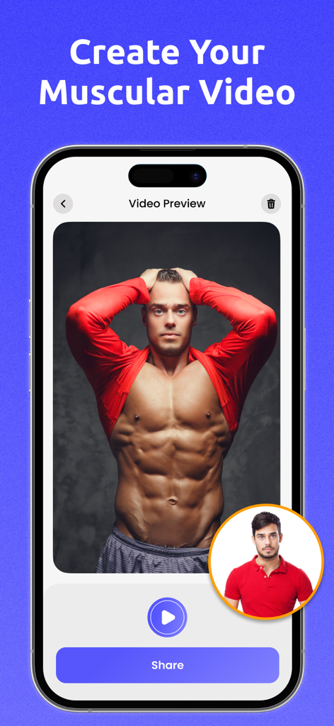 AI Body Builder : Muscle Photo - AI Body Builder app interface showing a muscular man in a video preview with a smaller original photo insert.