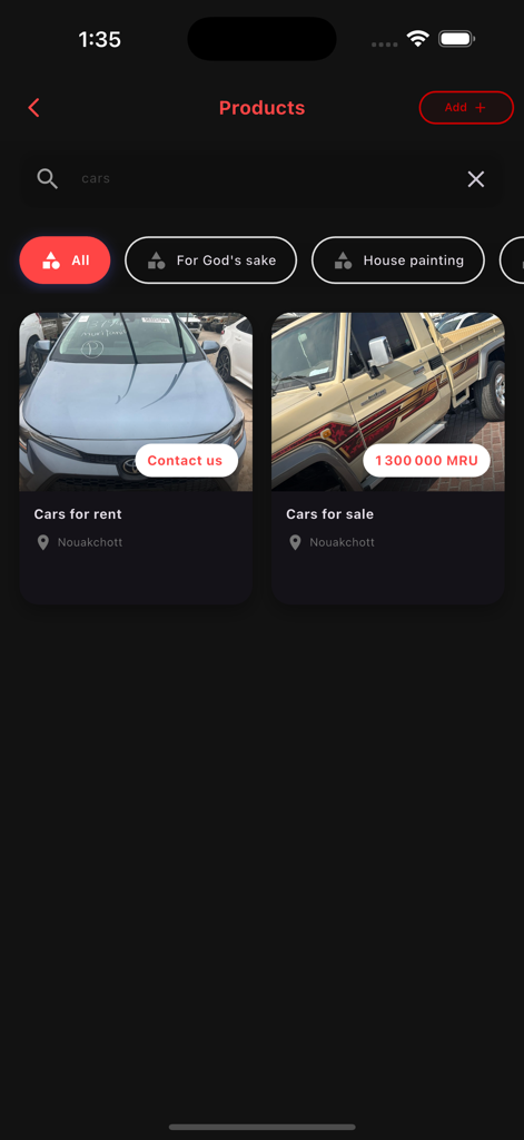 ETS HD 앱에서 누악쇼트의 렌탈 및 판매용 자동차 목록.