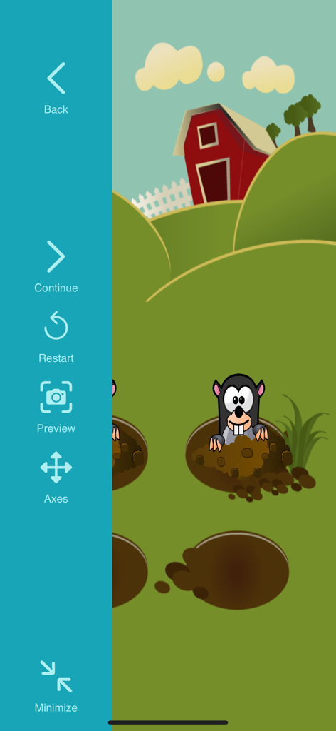 Pocket Code - Pocket Code app interface showing a cartoon mole game preview with a side menu for editing and playback.
