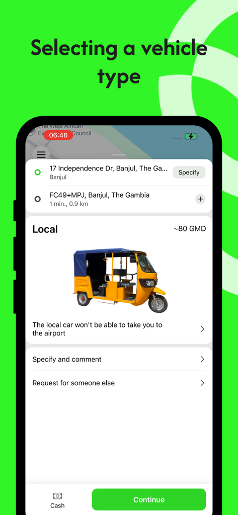GamGlo - Pantalla de la aplicación móvil GamGlo para seleccionar un tipo de vehículo en Banjul, mostrando una opción de mototaxi local con estimación de precio