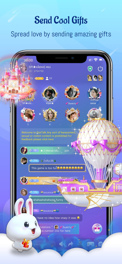 OyeTalk mobile app screen showing a live audio chat room with animated virtual gifts like a pink castle and a hot air balloon ship.