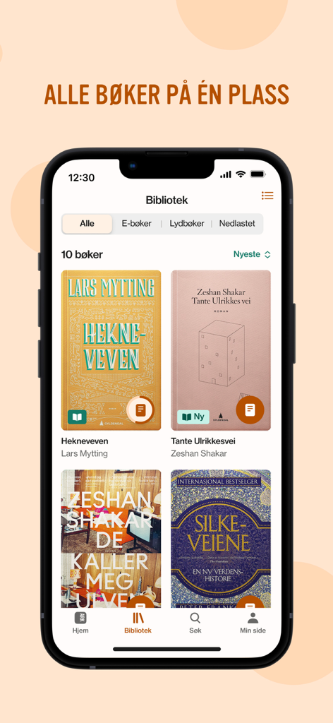 ARK - ARK mobile app showing the digital library screen with Norwegian book covers and categories for ebooks and audiobooks.