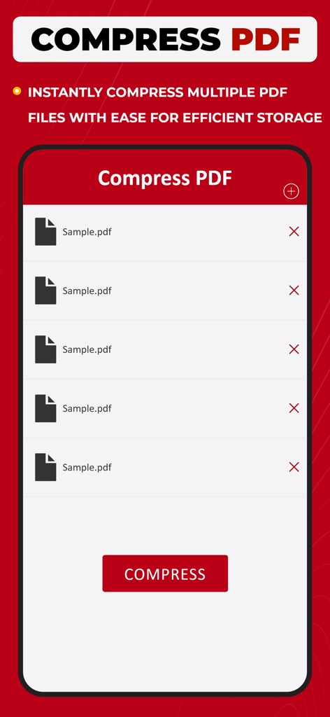 PDF Converter: Photo to PDF ! - A mobile app screen showing a list of PDF files selected and a button to instantly compress them for efficient storage.