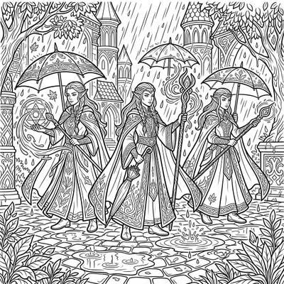 Unleash your creativity with this enchanting coloring page featuring elegant elven mages practicing their arcane arts on a mystical rainy day. Dive into a detailed fantasy world filled with magic, ornate robes, and atmospheric elements.
