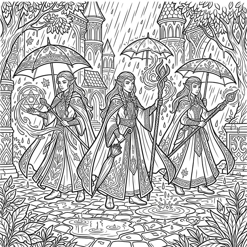 Unleash your creativity with this enchanting coloring page featuring elegant elven mages practicing their arcane arts on a mystical rainy day. Dive into a detailed fantasy world filled with magic, ornate robes, and atmospheric elements.