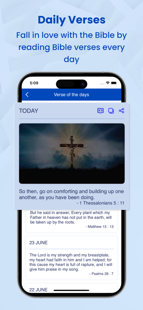 The Daily Verses screen of the Easy To Read Holy Bible app displaying an inspirational scripture verse.