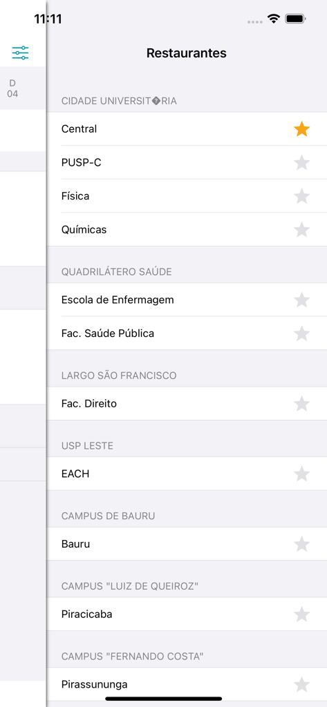 Cardápio USP - Mobile screen showing a list of University of Sao Paulo restaurants categorized by campus locations