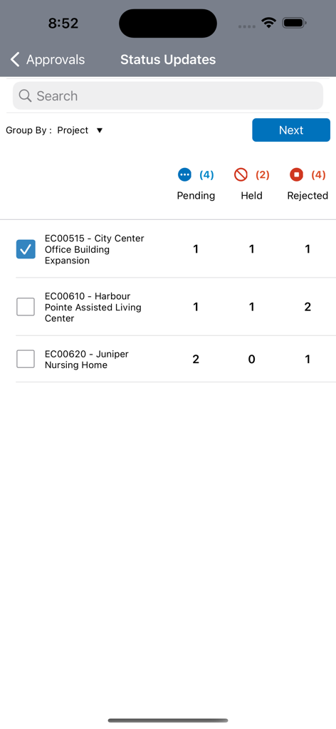Tela de aprovação de atualizações de status no aplicativo Oracle Primavera P6 EPPM mostrando tarefas de projeto pendentes, em espera e rejeitadas