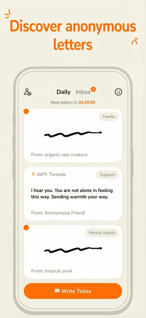 Sincerely - Off My Chest - Sincerelyアプリのインターフェースで、匿名でサポート的な手紙の受信トレイを表示する。