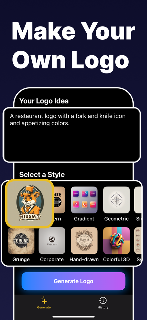 AIロゴメーカーアプリのインターフェース。カスタムブランディングのためにスタイル選択とテキストプロンプト入力を表示。