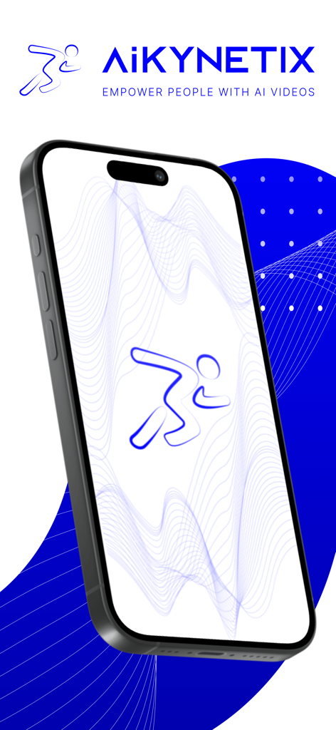 Aplicación para smartphone AiKYNETIX mostrando el logo de la marca y el eslogan para análisis de movimiento impulsado por IA