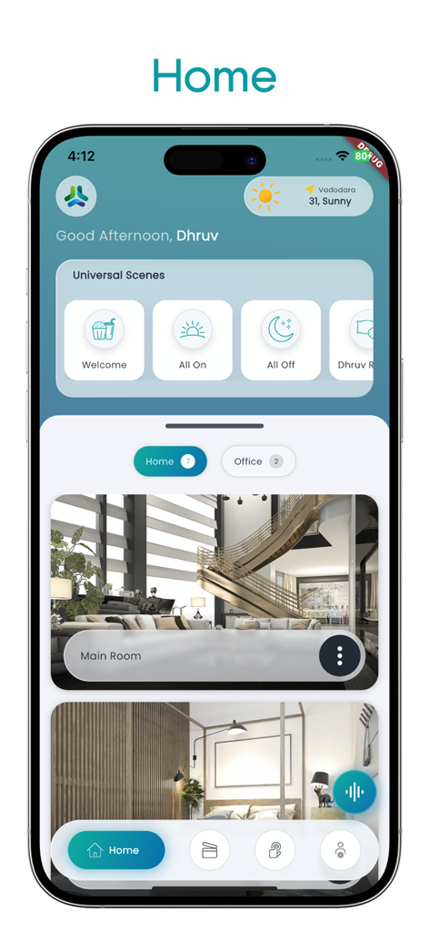 SmartNode Automation - SmartNode Automation app dashboard featuring smart home scenes and room control settings