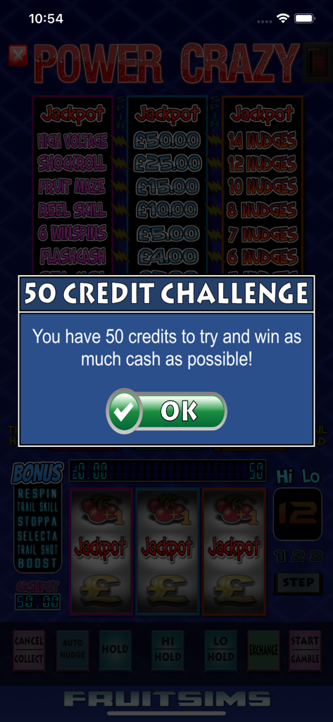 Power Crazy Fruit Machine Game - Power Crazy Fruit Machine Game 50 credit challenge pop-up screen