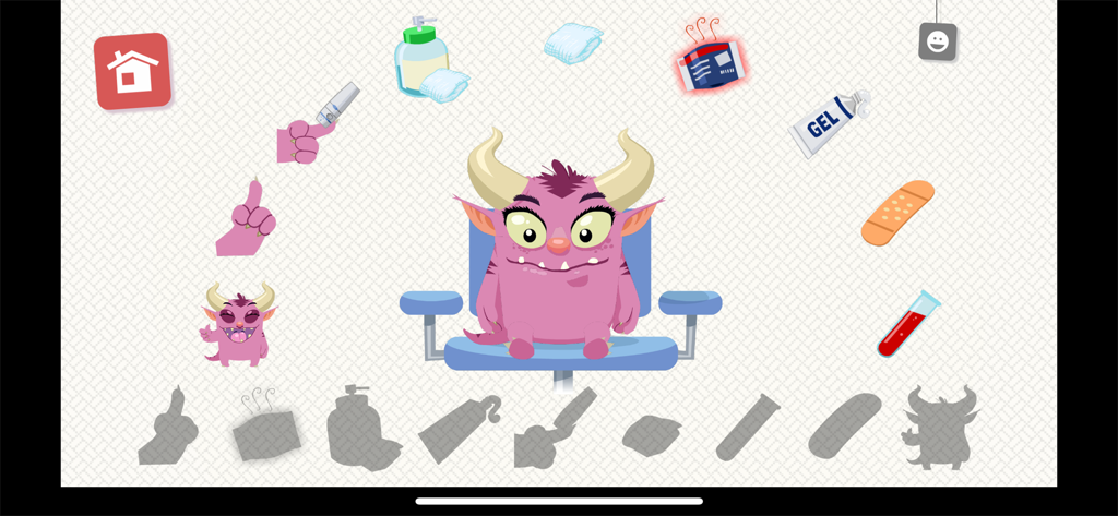 Prik! - Um personagem de monstro rosa senta em uma cadeira médica cercado por suprimentos para exames de sangue em um jogo de preparação para crianças.
