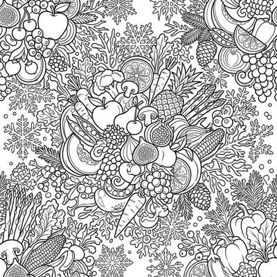 Explore a delightful fusion of nature's bounty and winter's charm with this intricate coloring page. Discover a dense pattern of interlocking fruits and vegetables adorned with delicate snowflakes, ready for your creative touch.