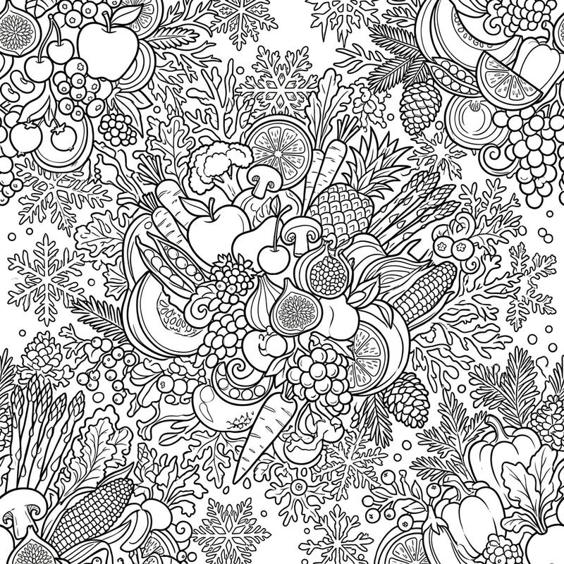 Explore a delightful fusion of nature's bounty and winter's charm with this intricate coloring page. Discover a dense pattern of interlocking fruits and vegetables adorned with delicate snowflakes, ready for your creative touch.