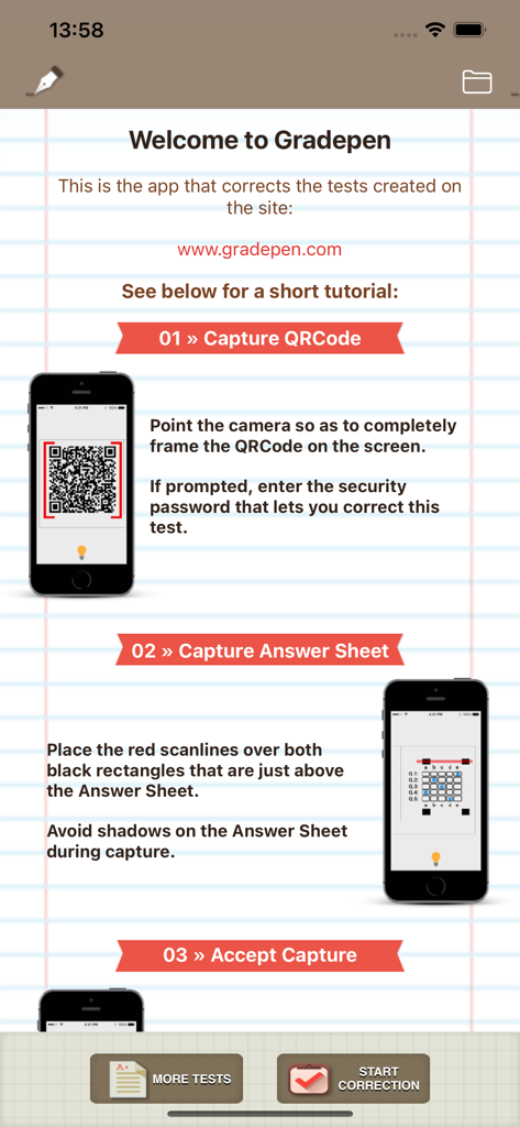 Gradepen app tutorial screen showing steps to scan QR codes and capture answer sheets for automatic test correction.