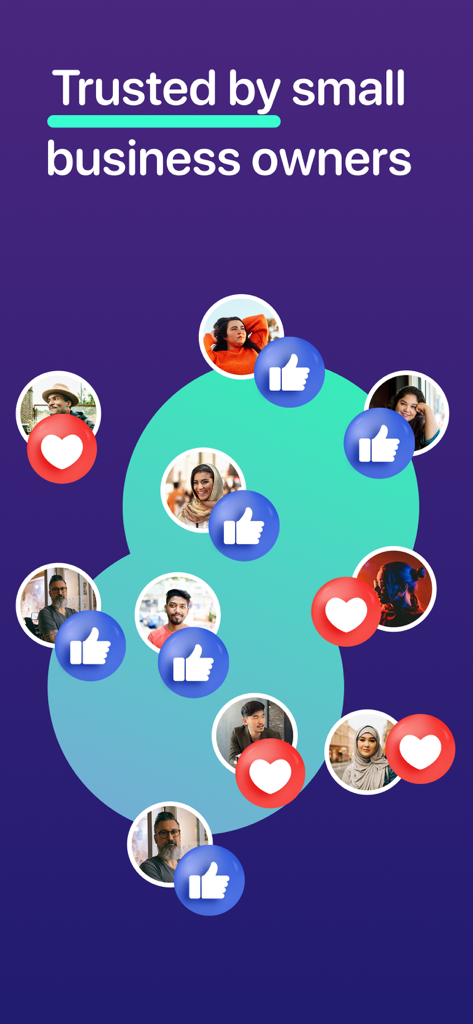 「中小企業経営者から信頼されています」というテキストの下に、いいね！アイコンとハートアイコンを持つ多様なビジネスオーナーを示すグラフィック