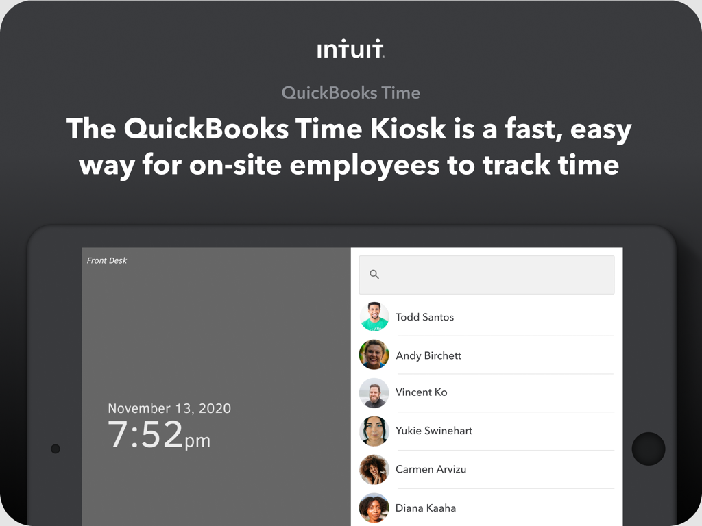 QuickBooks Time Kiosk interface on a tablet showing an employee list for clocking in and out
