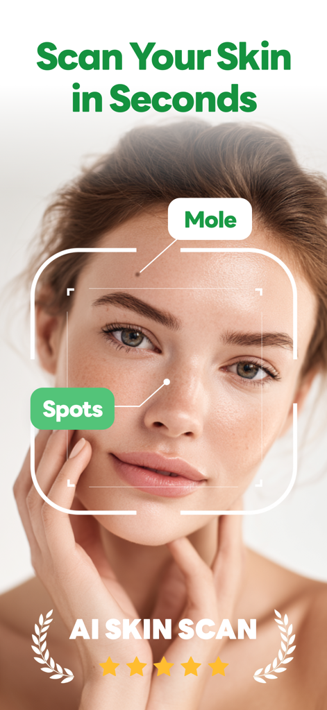 Skincare AI: Skin Care Scanner - Una mujer usando la aplicación Skincare AI para escanear su rostro en busca de lunares y manchas.