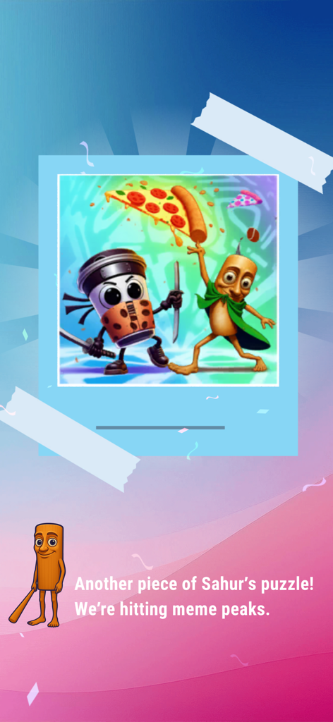 Brainrot Tile Match IQ - Merge - Tela de recompensa de meme com um ninja boba e um personagem segurando uma fatia de pizza com o texto atingindo picos de memes