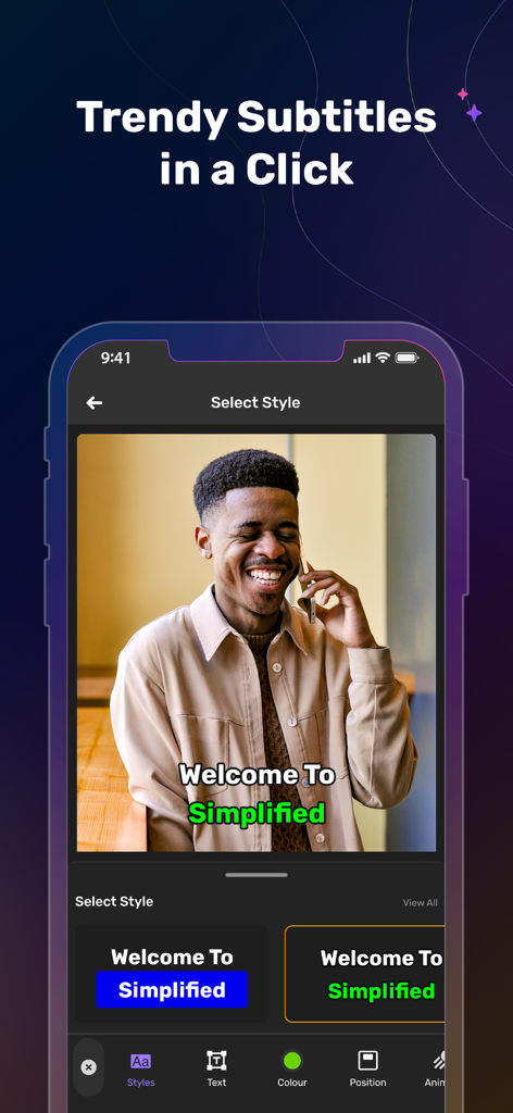 Simplified AI mobile app interface showing various trendy video subtitle styles and editing tools