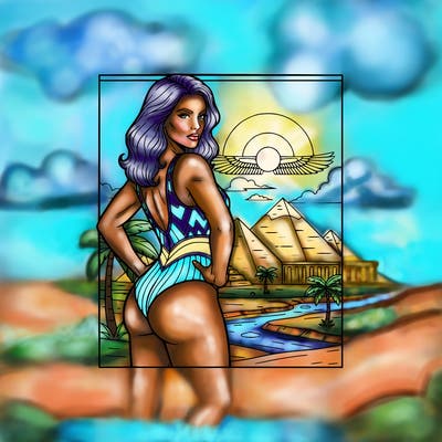 realistic heroic woman posing in bathing suite in egypt