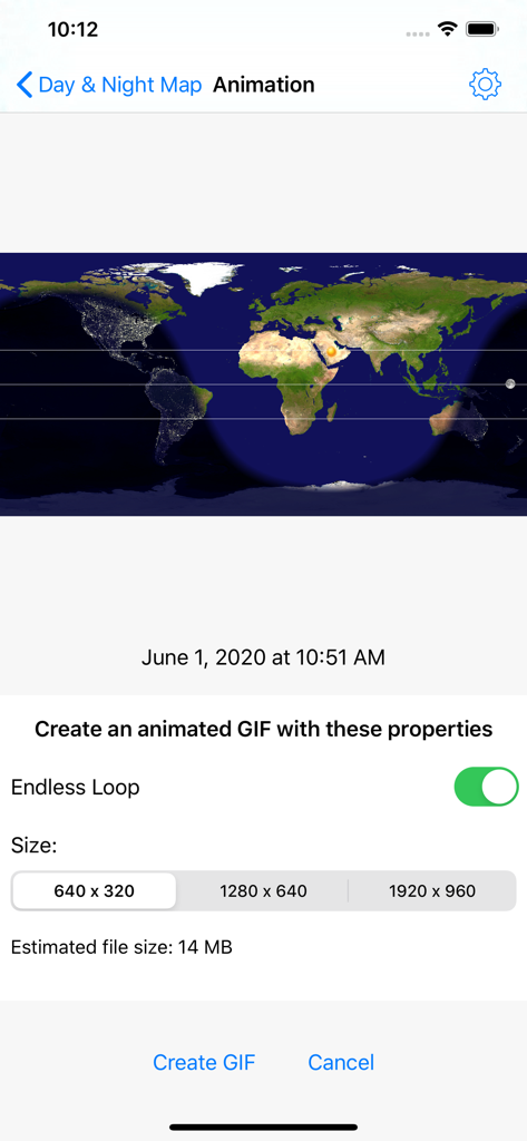 Interface for creating an animated GIF showing global day and night cycles on a world map