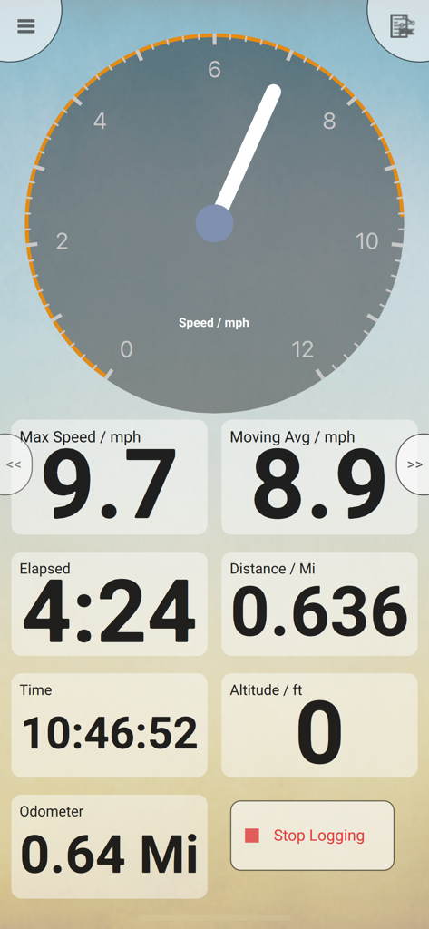 Memory-Map for All - Mobile GPS navigation dashboard showing speedometer and trip statistics