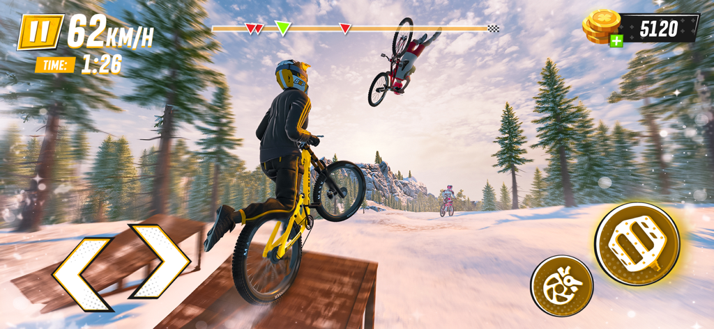 A 3D BMX bike racing game screenshot showing a rider jumping a ramp in a snowy forest landscape.