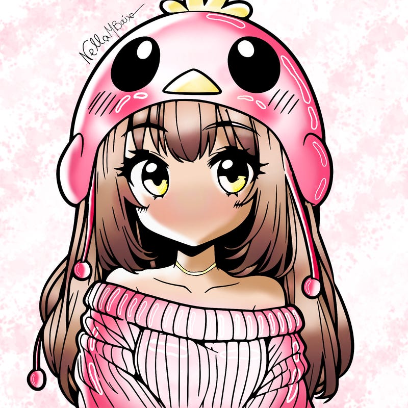 anime girl with chick shaped hat with sweater with bare shoulders with bangs covering them one eye with low tail