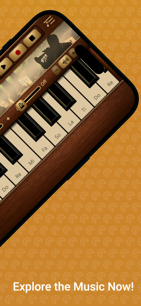 Zurna Sim - Un smartphone mostrando la aplicación Zurna Sim con una interfaz de teclado musical y controles con textura de madera para tocar música tradicional.