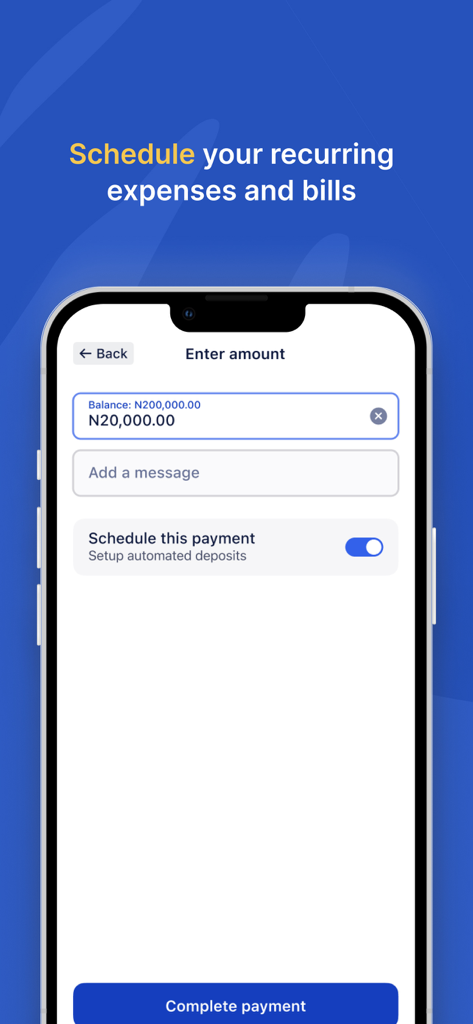 gomoney — The Digital Bank - A mobile phone displaying the gomoney app interface for scheduling recurring expenses and automated bills.