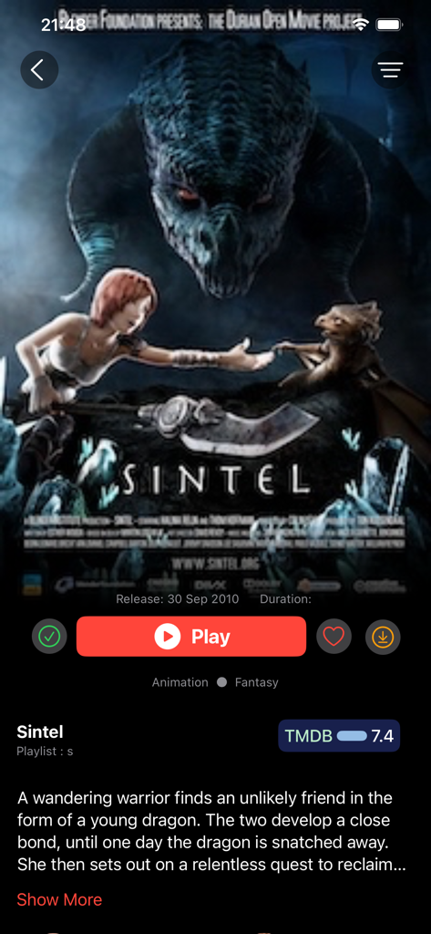 Snappier IPTV - Snappier IPTV movie information screen with playback options and metadata for the movie Sintel
