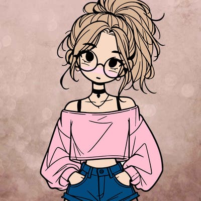 girl with a messy ponytail glasses a baggy crop top and jean shorts