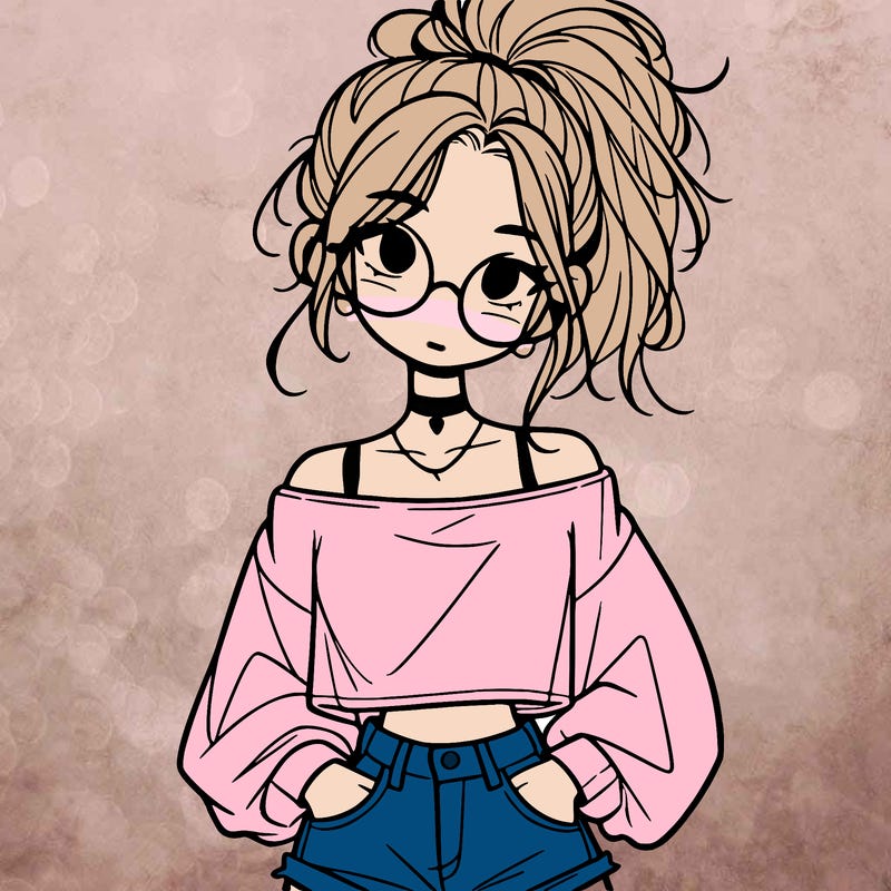 girl with a messy ponytail glasses a baggy crop top and jean shorts