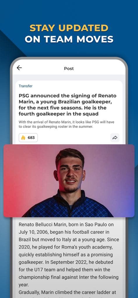 A transfer news post in the Paris Live app announcing a new PSG player signing