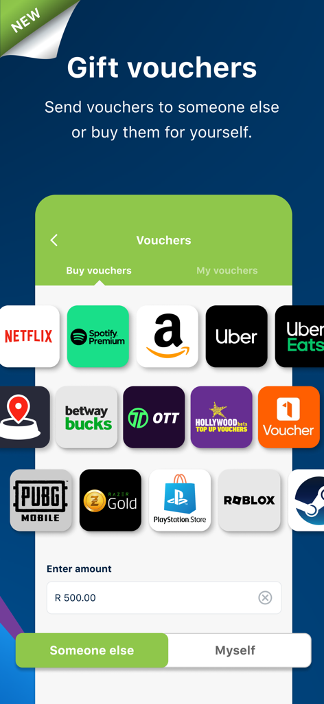 Zapper™ QR Payments & Rewards - Zapper app screen for buying and sending gift vouchers for popular brands